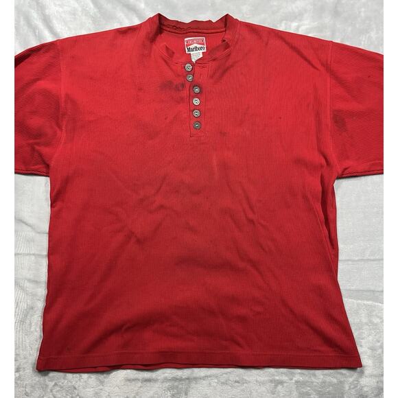 Vintage 90s Marlboro Red Henley Shirt Smoker Grunge Punk XL Cigarette Thrashed - Picture 3 of 16